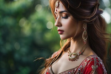 Wall Mural -  A beautiful Indian woman dressed in traditional likely a saree or lehenga with jewelry for wedding, casual Event or festival.   Fictional Character Created by Generative AI.