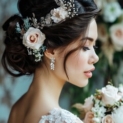 Wall Mural -  Wedding Hairstyle portrait of a beautiful bride wearing a white gown and her hair exquisite decorate with floral.		 Fictional Character Created by Generative AI.