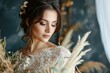 Fashion photo of a beautiful woman wearing a stunning white dress and posing a lovely bouquet of flowers. Fictional Character Created by Generative AI.