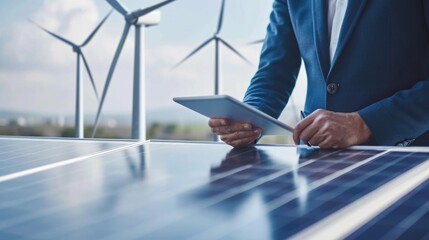Wall Mural - Green or energy renewable concept with a businessman standing with solar panel and using a tablet for work purposes. closeup image.