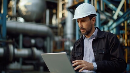 Wall Mural -  A engineer man wearing safety helmet and using laptop to be in a factory setting or a workshop, possibly receiving training. Fictional Character Created by Generative AI.