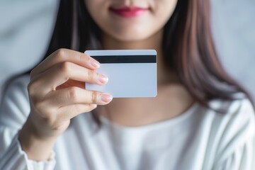 A young woman holding a credit card in her hand and suggesting that she may be shopping or socializing. Fictional Character Created by Generative AI.