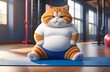 Illustration of fat cat in white T-shirt sitting on blue yoga mat in gym, concept of fitness, sports, weight loss, healthy lifestyle
