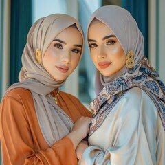 Wall Mural - Two Beautiful Muslim Friends or Sister Together posing for a photo during eid mubarak. Fictional Character Created by Generative AI.
