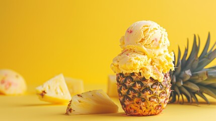 Canvas Print - Pineapple filled with scoops of creamy yellow ice cream on a yellow background