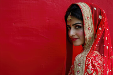 Wall Mural -  Attractive Indian bride photo in traditional red and golden wedding dress and elegant jewelry. Fictional Character Created by Generative AI.