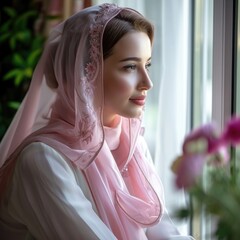 Wall Mural - Eid Mubarak Islamic Festival Greeting Card with A stunning muslim woman in a pink veil, facing a window with beautiful flower bouquet. Fictional Character Created by Generative AI.