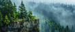 wallpaper gorgeous evergreen forests over a rocky cliffside, with empty copy space