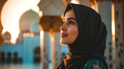 Wall Mural - a Beautiful Muslim Woman Wearing Traditional Headscarf (hijab) and observing a cultural or historical building during Ramadan.  Fictional Character Created by Generative AI.