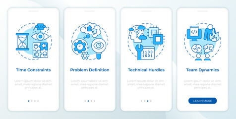 Hackathon challenges blue onboarding mobile app screen. Walkthrough 4 steps editable graphic instructions with linear concepts. UI, UX, GUI template. Myriad Pro-Bold, Regular fonts used