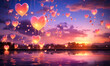 Luminous Love Balloons Floating on Serene Lake at Dusk