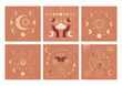 Banner set Mystical moon phases and woman hands and moth, alchemy esoteric magic space, sacred wheel of the year, vector isolated on color background