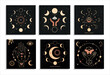 Banner set Mystical moon phases and woman hands and moth, alchemy esoteric magic space, sacred wheel of the year, vector isolated on black background