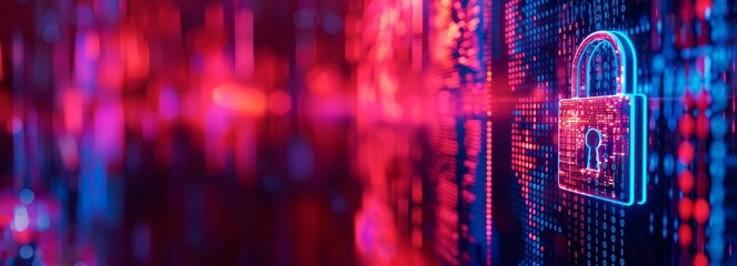 data security concept with a padlock icon on a digital background. Bigfoot silhouettes and a binary code pattern with  neon light. Digital web technology, online protection. security business
