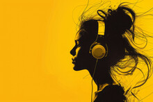 Silhouette Of Woman With Headphones Against Vibrant Yellow Backdrop. Creative Music Background.