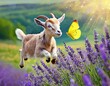 Ziege springt über Wiese mit Lavendel und Schmetterling