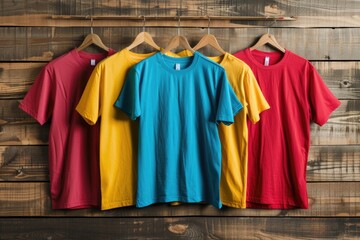 Wall Mural - Color t-shirts hanging on a wooden clothes hanger in closet.
