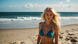 stunning scandinavian woman with blonde hair is wearing a bikini on the beautiful beach