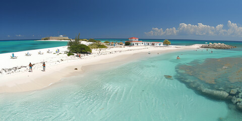 A beach with a small town in the background. The water is blue and the sky is clear