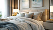 A bed with a white comforter and pillows, modern luxury bedroom interior design
