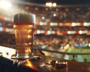 Cold beer on bar, stadium cheers background, crisp focus, refreshing moment , clean sharp focus