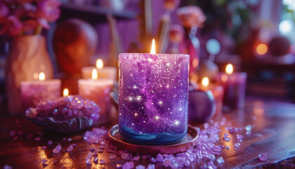 Purple candles zodiac signs, astrology and burning candles Color tone effect. Spiritual mystery fortune telling background