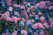 A small japan village surrounded by cherry blossom trees