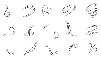 Wall Mural - Set of wind blow set in doodle style, vector illustration on white background. A wave of cold air during windy weather. Rush symbol outline for print and design. Vector graphics, air dynamics