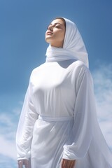 Sticker - Young Arab Woman Wearing White Traditional Dress While Standing Under a Sky. Fictional Character Created by Generative AI.