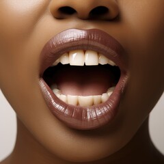 Wall Mural - African woman with a large mouth opening, showing her teeth and tongue. Fictional Character Created by Generative AI.