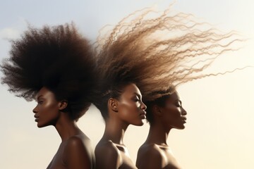 Wall Mural - Happy Women's Day Concept, Three African Women with curly Waving Hair on White Background. Fictional Character Created by Generative AI.