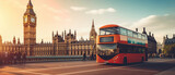 Fototapeta Big Ben - Iconic London Red Bus by Big Ben at Sunset