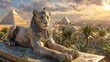 A 3D model of a mystical sphinx posing riddles to travelers, set against the backdrop of the Great Pyramids