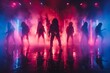 © Larisa AI - Silhouetted rock band members energetically perform on stage amidst dramatic smoke and colorful lighting, capturing the vibe of a live concert