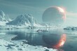 This scene illustrates a peaceful alien lake with a looming planet in the backdrop reflecting a sunrise or sunset