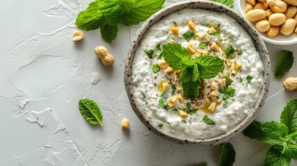 Wall Mural - Top View, a table filled with Freshly made ultra-flavorful, aromatic basil with pine nuts pesto bowl.