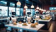 A row of humanoid robots efficiently serving classic diner fare in a contemporary, automated restaurant setting, showcasing robotics in hospitality.. AI Generation. AI Generation