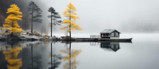 Wall Mural - Serene Lake House on Foggy Autumn Morning