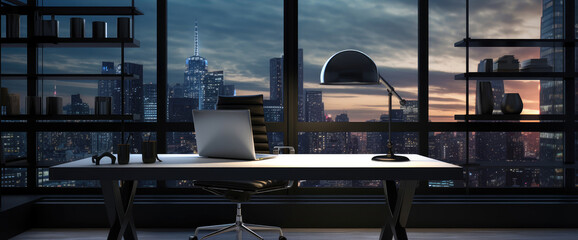 Sticker - Modern Office With Stunning City Skyline at Night