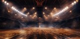 Fototapeta Sport - Basketball arena with spotlights and smoke, wide angle.