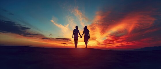 Canvas Print - Couple Holding Hands Silhouette at Sunset