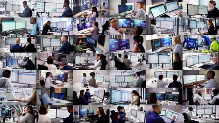 Wall Mural - Business People Using Multiple Monitors To Work