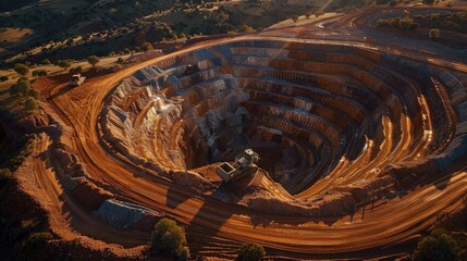 Wall Mural - Majestic Aerial View of a Large Open Pit Mine at Sunset
