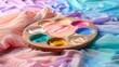 Unleash your creativity with this dynamic 3D mockup featuring an artist's palette positioned on a canvas-inspired background, featuring blank space on the palette 