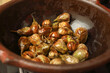Fried spicy Brinjal or Eggplant in a pot
