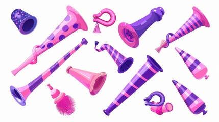 Wall Mural - Three-dimensional modern realistic 3d set of purple and pink party horn blowers isolated on a white background with color stripes and dots.