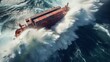Aerial View of a Cargo Ship being hit by large waves at the ocean. 