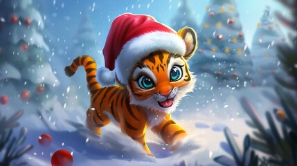 A Chinese zodiac tiger wearing a Santa hat for the New Year of 2022