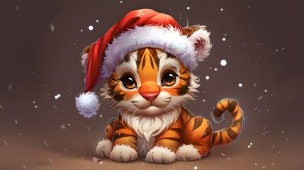 Wall Mural - Christmas hat for a cute baby tiger