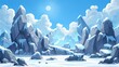 Mountains with white snow, clouds, sun, and ice peaks. Illustration of high mountains with rocks and ice peaks.